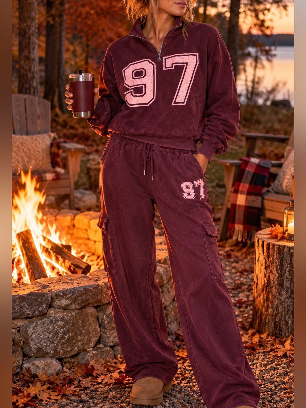 No Boundaries Women's Maroon Cargo Track Pants with Pink Appliqué